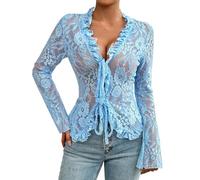 2026 Top in pizzo a maniche lunghe in maglia per le donne legare davanti ricamo floreale puro vedere attraverso camicie, Blu, M