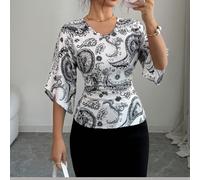 2026 Ultima Elegante T-shirt casual da donna con scollo a V e maniche a pipistrello, stampa paisley, adatta per uso quotidiano, spiaggia, vacanza, pendolarismo L,M,S,XLStampa CasualeTessuto in maglia