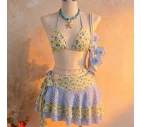 2026 Ultima Moda Abbigliamento da Spiaggia Sexy Elegante Bikini a Triangolo con Blocchi di Colore e Motivo Floreale Piccolo + Gonna a Quadri con Motivo Floreale Piccolo 3 Pezzi Donna Estate L,M,S,XL,X