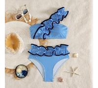 2026 Ultima Moda Abbigliamento da Spiaggia Sexy Elegante Stampa a Righe Blu Oversize Design a Onda Pezzo Unico Bikini a Fascia Set Costume da Bagno Donna L,M,S,XLGeometricoTessuto