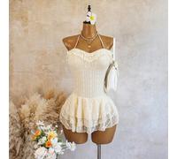 2026 Ultima Moda Abbigliamento da Spiaggia Sexy Elegante Stile Influencer Scollo con Volant Tessuto in Pizzo Orlo a Tre Strati Vestito da Bagno Monopezzo Stile Vacanza L,M,S,XLPianteTessuto