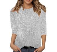 2026 UNA T-shirt larga con scollo rotondo e maniche a tre quarti con paillettes per il percorso di lavoro, argento, XL