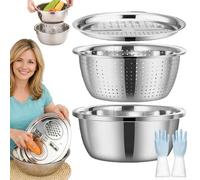 2026 Upgraded German Multifunctional Stainless Steel Basin, 5 in 1 Stainless Steel Shredding & Drainage Chopping Basin, Strainer with Draining Base & Drain Basket for Kitchen (9.5in)