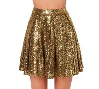 2026 -, vita alta, pieghettato, tinta unita, gonna corta, gonna larga con paillettes lessico, gold, M