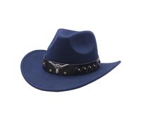 2026 - Western Denim Curved Top Hat Cappello di lana con grande tesa Cappello jazz britannico in stile autunnale e invernale Parrucca Cowboy, Blu marino, Taglia unica