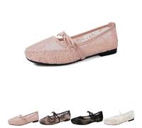 2026 Women's Lace Embroidery Ballet Flats Sheer Floral Mesh Flats, Elegant Square Toe Embroidery Flat Mary Jane Shoes with Bow Strap (Pink,40)