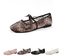 2026 Women's Lace Embroidery Ballet Flats Sheer Floral Mesh Flats, Elegant Square Toe Embroidery Flat Mary Jane Shoes with Bow Strap (Coffee,37)