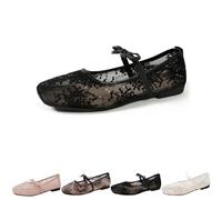 2026 Women's Lace Embroidery Ballet Flats Sheer Floral Mesh Flats, Elegant Square Toe Embroidery Flat Mary Jane Shoes with Bow Strap (Black,39)