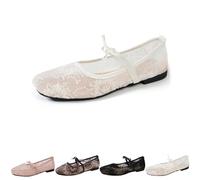 2026 Women's Lace Embroidery Ballet Flats Sheer Floral Mesh Flats, Elegant Square Toe Embroidery Flat Mary Jane Shoes with Bow Strap (White,42)