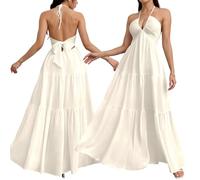2026 Womens Summer Halter V-Neck Maxi Dress Boho Backless Flowy Beach Sundress Adjustable Tie Ruffle Hem (Cream,M)