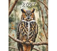 2027: Large Monthly Calendar Planner - Watercolor Great Horned Owl Bird