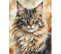 2027: Large Monthly Calendar Planner - Watercolor Maine Coon Cat