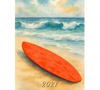 2027: Large Monthly Calendar Planner - Watercolor Surfboard On A Beach With Ocean Waves