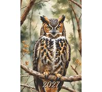 2027: Small Monthly Calendar Planner - Watercolor Great Horned Owl Bird