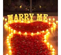 2031 pezzi di lettere illuminate per la decorazione della proposta, segno sposarmi con 24 candele senza fiamma di cuore, 2000 petali di rosa per proposta di matrimonio, decorazione notturna romantica