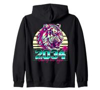 2034 Anno della Tigre Retro Vaporwave Tramonto Zodiaco Cinese Felpa con Cappuccio