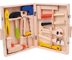 2079 Cassetta degli attrezzi da gioco small foot "Lino", realizzata in legno, con 12 utensili come martello a trapano, dai 3 anni di età
