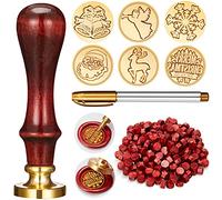 208 Pezzi Kit Timbro Sigillo di Cera Natale, Include 6 Pezzi Teste in Ottone con Timbro a Cera con Impugnatura in Legno, 200 Pezzi Perline Cera Sigillante e Pennarello Oro per Natalizie, Cartoline