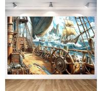 20x10ft Vintage Pirata Nave Sfondo Antico Vecchio Ponte di Legno Timone Nautico Battleship Fotografia Sfondo Oceano Vela Nautica Pirati Banner Decorazione per Compleanno Photo Booth Puntelli