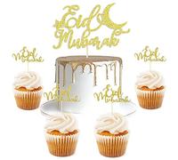 21 decorazioni per torte Eid Mubarak, decorazioni per la casa, decorazioni per cupcake Ramadan Kareem con glitter dorati, decorazioni per torte musulmane islamiche (eid mubarak)