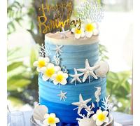 21 pezzi Decorazioni per torte a tema spiaggia hawaiana, stelle marine, conchiglie, ibisco artificiale, corallo bianco, adatte per matrimoni a tema hawaiano Aloha estivo, feste di compleanno, feste di