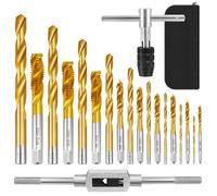 21 Pezzi Metriche Punte e Maschi, Kit di Maschiatura Filettatura Manuale con 9 Maschi M2-M12, 9 Punte Elicoidali 1,5-10mm, 1 Chiave a T, 1 Giramaschi a Cricchetto Regolabile e 1 Borsa in Pelle
