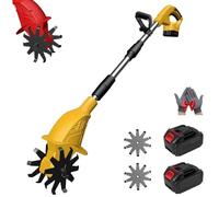 21v Cordless Tiller Cultivator, Gardening Cordless Tillers with 250RPM, 2 Battery Set, 9" Width 6.6" Depth, Portable for Lawn Garden Small Space (Yellow 2 Batteries)