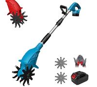 21v Cordless Tiller Cultivator, Gardening Cordless Tillers with 250RPM, 2 Battery Set, 9" Width 6.6" Depth, Portable for Lawn Garden Small Space (Blue 1 Battery)