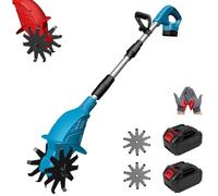 21v Cordless Tiller Cultivator, Gardening Cordless Tillers with 250RPM, 2 Battery Set, 9" Width 6.6" Depth, Portable for Lawn Garden Small Space (Blue 2 Batteries)