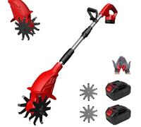 21v Cordless Tiller Cultivator, Gardening Cordless Tillers with 250RPM, 2 Battery Set, 9" Width 6.6" Depth, Portable for Lawn Garden Small Space (Red 2 Batteries)