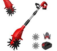 21v Cordless Tiller Cultivator, Gardening Cordless Tillers with 250RPM, 2 Battery Set, 9" Width 6.6" Depth, Portable for Lawn Garden Small Space (Red 1 Battery)