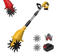 21v Cordless Tiller Cultivator, Gardening Cordless Tillers with 250RPM, 2 Battery Set, 9" Width 6.6" Depth, Portable for Lawn Garden Small Space (Yellow 1 Battery)