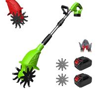 21v Cordless Tiller Cultivator, Gardening Cordless Tillers with 250RPM, 2 Battery Set, 9" Width 6.6" Depth, Portable for Lawn Garden Small Space (Green 2 Batteries)