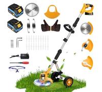 21V Decespugliatore a Batteria con 2x2Ah Batterie e Caricabatterie 3 Lame Tagliabordi a Batteria Elettrico con Ruote Decespugliatore Elettrico