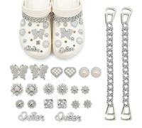 22 ciondoli a forma di coccodrillo per scarpe da ragazza con strass Crocs | 22 ciondoli a forma di coccodrillo in lega argentata con strass, stile luccicante, senza attrezzi, decorazione fai da te per