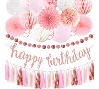 22 decorazioni per feste di compleanno, tema oro rosa, ventagli di carta, lanterne, pompon e nappe per feste