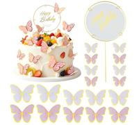 22 pezzi 3D tridimensionale farfalla decorazione torta con bandiera decorativa trasparente, rosa e viola, decorazione per compleanno, farfalle, per matrimonio