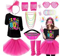 22 Pezzi Outfit Anni '80 per Donne, Set di Accessori Costume Anni '80 e '90 con T-Shirt, Tutu, Borsa a Cintura, Guanti, Scaldamuscoli, Cerchietto, Occhiali, Orecchini, Collana per Halloween, Carnevale