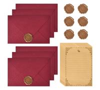 22 pezzi Set di Carta da Lettere con Busta, 6 Buste di Vintage, 10 Vintage Carta da Lettere e 6 Adesivo Sigilli di Cera, per compleanno, inviti di nozze, Scrivere (Rosso scuro)