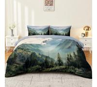 220 x 240 cm Set Copripiumino Duvet, Disponibili In Vari Modelli Adatto A Studenti Adolescenti E Adulti Dipinto A Olio Paesaggio Valle Foresta Di Pini, Realizzati Con Microfibra Spazzolata Verde