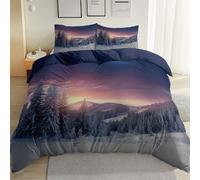 220 x 240 cm Set di Biancheria da Letto 3 Pezzi con 2 Federe,Blu Microfibra Set Copripiumino per Letto Matrimoniale - Sogno Neve Colline Tramonto Tema Parure Copripiumino Morbido e Accogliente