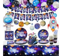 226 Pezzi di Forniture per Feste Spaziali - Palloncini Planetari, Striscione, Vortici Sospesi, Cake Topper, Piatti, Tovaglioli, Tazze, Tovaglia per Decorazioni di Feste per Bambini, per 20 Ospiti