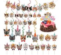 23 decorazioni per cupcake a tema gatto, decorazioni per torte di compleanno, striscione di buon compleanno con gatto in stile cartone animato, vortice da appendere per torte per bambini a tema gatto