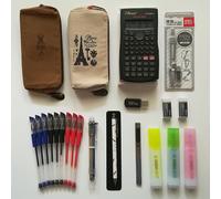 23 PZ SCUOLA UFFICIO CALCOLATRICE COMPASSO EVIDENZIATORI PENNE ASTUCCI