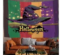 230X150Cm Arazzo Halloween Arazzo Da Parete Telo Da Parete, Cappello Da Strega Viola Scuro Scopa Strisce Di Halloween Arte Muraria Arazzi Per Soggiorno Camera Da Letto Dormitorio Decorazione