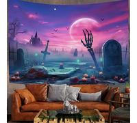 230X180Cm Arazzo Halloween Arazzo Da Parete Cimitero Degli Scheletri Telo Da Parete Cielo Di Luna Fantasy, Rosa Viola Arte Muraria Arazzi Per Soggiorno Camera Da Letto Dormitorio Decorazione