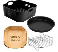 23CM Accessori Friggitrice ad Aria per COSORI 6L/6,2L/6,4L, Cecotec 7,6L, 4PCS Quadrati Teglia per Friggitrice ad Aria con Silicone Cestino, Griglia, Vassoio Pizza, Carta Forno