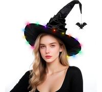 23GUANYI LED Cappello Strega Donna, Nero Grande Cappelli Strega Halloween Decorazioni Tesa Larga Appuntito Illuminato Cappello da Strega Accessori Costume Halloween per Cosplay Festa