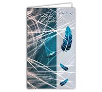 24-1040 - Biglietto di auguri per condoglianze, formato 16 x 9,5 cm, con busta bianca morte e lutto, per cerimonia funeraria, piume azzurre, anima, made in France