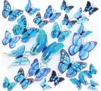 24 adesivi da parete 3D a forma di farfalla, adesivi 3D per decorazioni per feste con magneti e gomma rimovibili e riutilizzabili (blu)